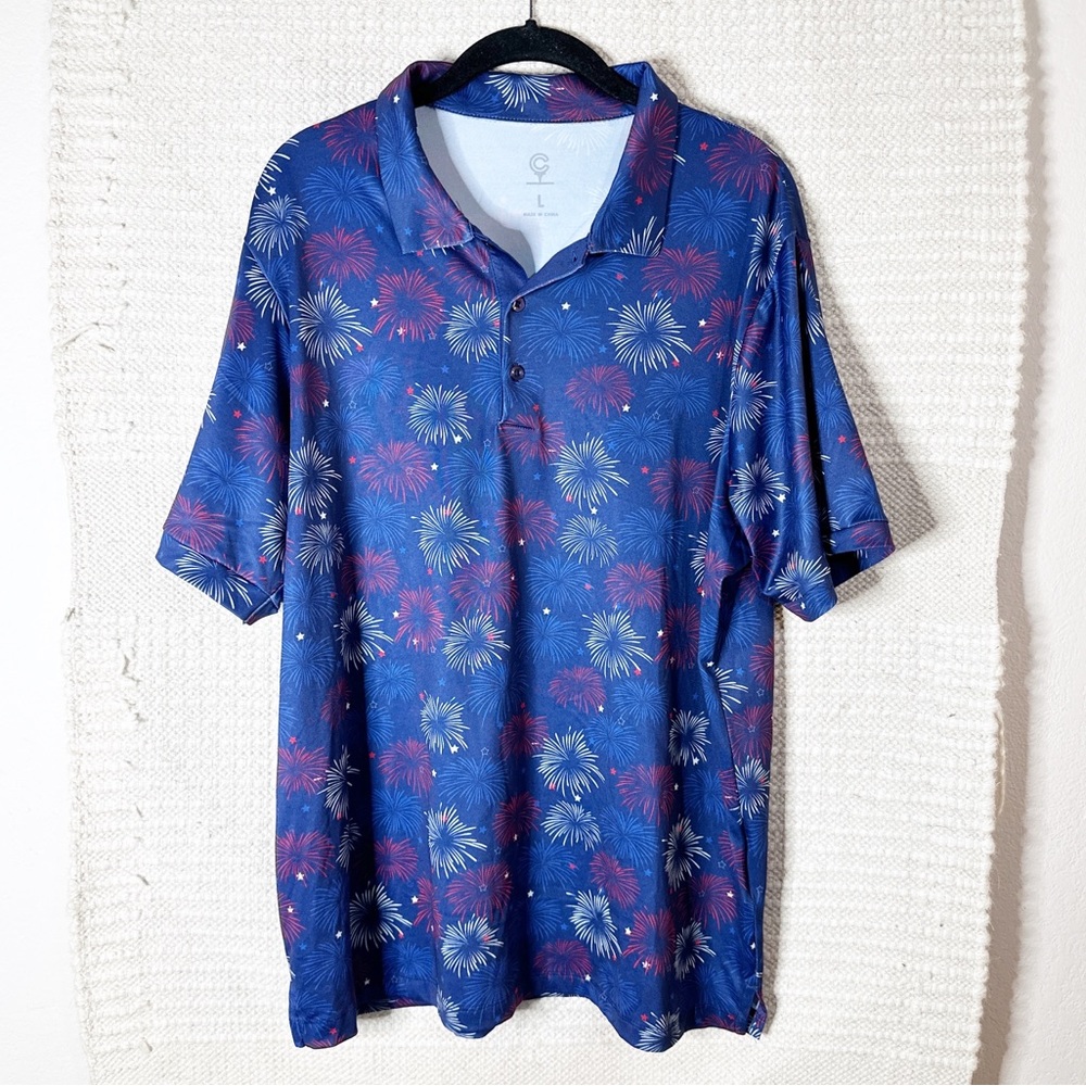 CADDY CART men’s red white & blue fireworks UPF 50 golf polo shirt L
